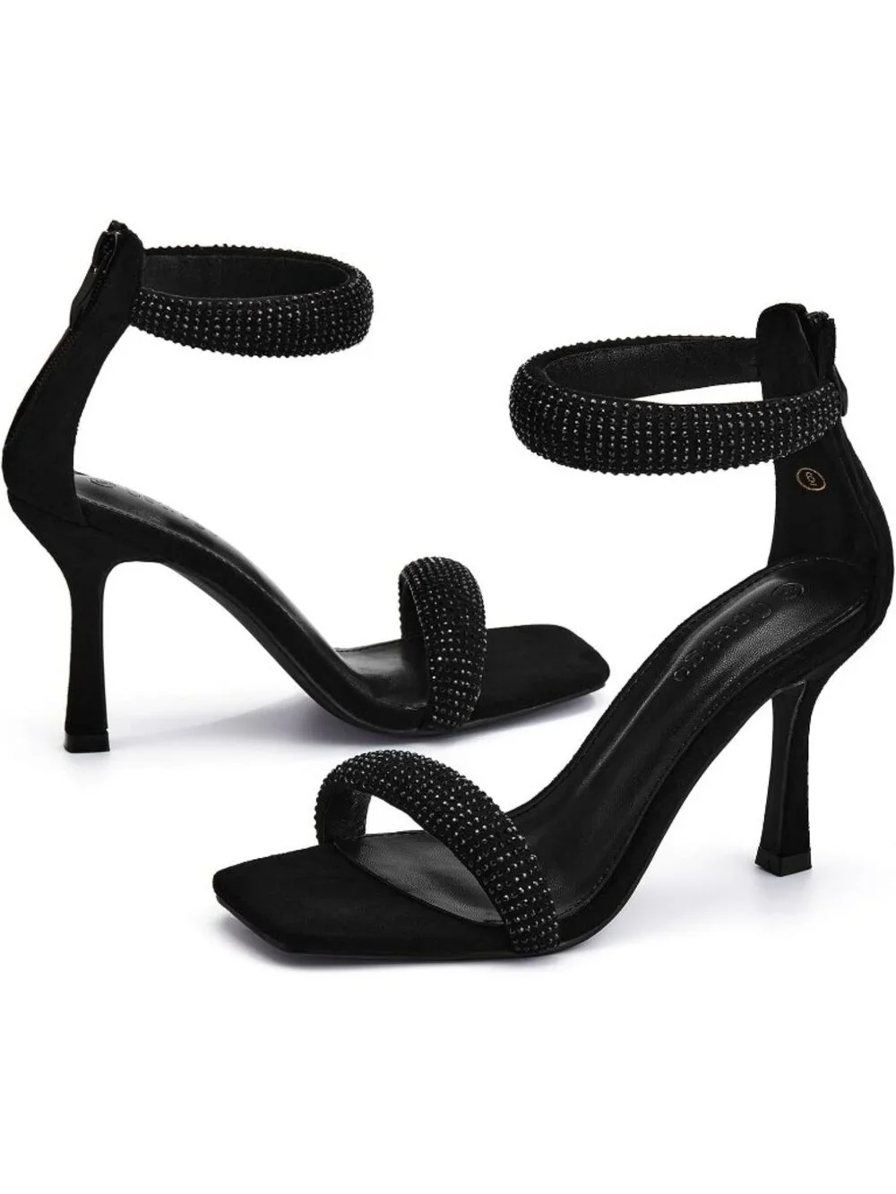 Women's Black One Strap Sandals Square Toe Stiletto Heels Casual Summer Shoes